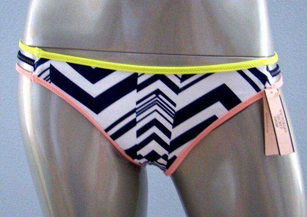 Victoria's Secret Nwt Blue Geo Contrast Bind Strappy Cheeky Swim Bikini Bottom